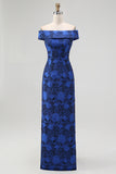 Elegant Royal Blue Off Shoulder Floral Jacquard Formal Dress