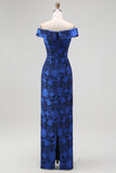 Elegant Royal Blue Off Shoulder Floral Jacquard Formal Dress