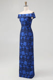 Elegant Royal Blue Off Shoulder Floral Jacquard Formal Dress