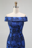 Elegant Royal Blue Off Shoulder Floral Jacquard Formal Dress