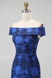 Elegant Royal Blue Off Shoulder Floral Jacquard Formal Dress
