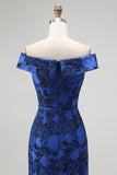 Elegant Royal Blue Off Shoulder Floral Jacquard Formal Dress