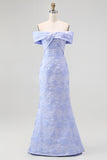 Elegant Off The Shoulder Floral Jacquard Mermaid Maxi Blue Formal Dress