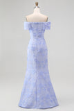 Elegant Off The Shoulder Floral Jacquard Mermaid Maxi Blue Formal Dress