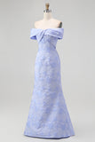 Elegant Off The Shoulder Floral Jacquard Mermaid Maxi Blue Formal Dress