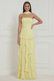 Yellow A-Line Strapless Chiffon Long Bridesmaid Dress with Ruffles