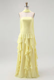 Yellow A-Line Strapless Chiffon Long Bridesmaid Dress with Ruffles
