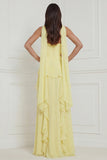 Yellow A-Line Strapless Chiffon Long Bridesmaid Dress with Ruffles