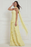 Yellow A-Line Strapless Chiffon Long Bridesmaid Dress with Ruffles