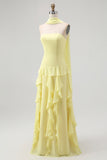 Yellow A-Line Strapless Chiffon Long Bridesmaid Dress with Ruffles