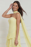 Yellow A-Line Strapless Chiffon Long Bridesmaid Dress with Ruffles