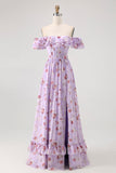 Purple Flower A-Line Off The Shoulder Ruffled Bridesmaid Dress with Slit