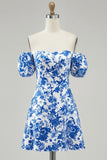 Off The Shoulder Floral A Line Printed Blue Homecoming Dress