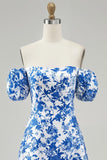 Off The Shoulder Floral A Line Printed Blue Homecoming Dress