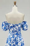 Off The Shoulder Floral A Line Printed Blue Homecoming Dress