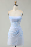 Light Blue Bodycon Ruched Floral Printed Corset Homecoming Dress