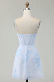 Light Blue Bodycon Ruched Floral Printed Corset Homecoming Dress
