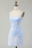 Light Blue Bodycon Ruched Floral Printed Corset Homecoming Dress