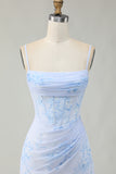 Light Blue Bodycon Ruched Floral Printed Corset Homecoming Dress