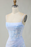 Light Blue Bodycon Ruched Floral Printed Corset Homecoming Dress