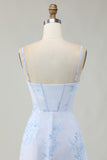 Light Blue Bodycon Ruched Floral Printed Corset Homecoming Dress