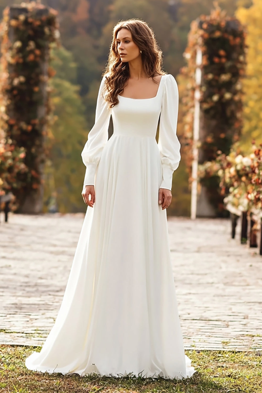 WEDTREND Women Ivory A-Line Wedding Dress Square Neck Bridal Shower Dress with Long Sleeves WEDTREND Women Ivory A-Line Wedding Dress Square Neck Bridal Shower Dress with Long Sleeves