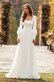 A-Line Square Neck Ivory Wedding Dress with Long Sleeves