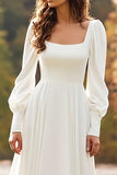 A-Line Square Neck Ivory Wedding Dress with Long Sleeves