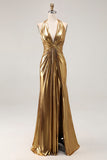 Gold Halter Sheath Ruched Metallic Long Prom Dress with Slit