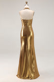 Gold Halter Sheath Ruched Metallic Long Prom Dress with Slit
