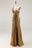 Gold Halter Sheath Ruched Metallic Long Prom Dress with Slit