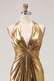 Gold Halter Sheath Ruched Metallic Long Prom Dress with Slit
