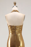 Gold Halter Sheath Ruched Metallic Long Prom Dress with Slit