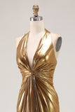 Gold Halter Sheath Ruched Metallic Long Prom Dress with Slit