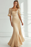 Champagne Mermaid Scoop Nevk Formal Dress with Half Sleeves