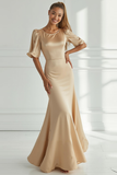 Champagne Mermaid Scoop Nevk Formal Dress with Half Sleeves