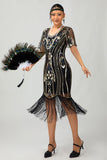 Sparkly Flapper Black Golden Sequin Bodycon Fringed 1920s Dress