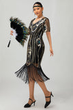 Sparkly Flapper Black Golden Sequin Bodycon Fringed 1920s Dress