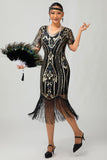 Sparkly Flapper Black Golden Sequin Bodycon Fringed 1920s Dress