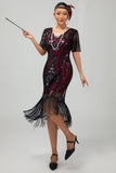 Flapper Burgundy Sequin Bodycon Fringed 1920s Dress