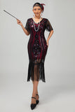Flapper Burgundy Sequin Bodycon Fringed 1920s Dress