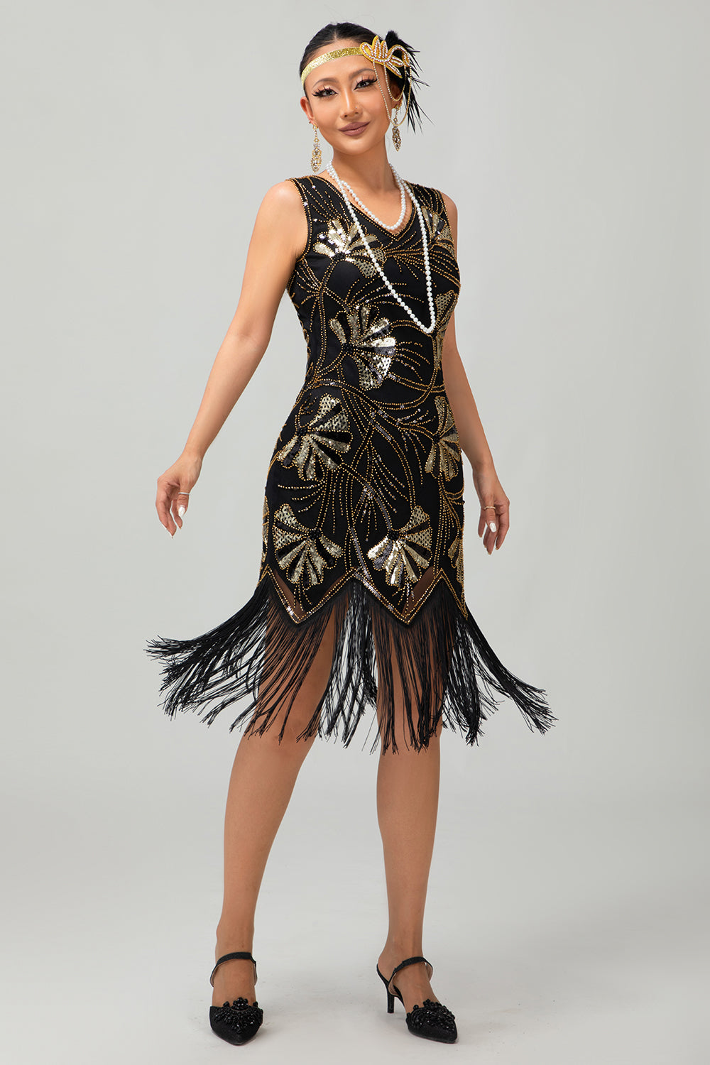 black 20s dress Zapaka Women Black nad Green V Neck Cap Sleeves Beaded Sequin 1920s Formal Dress, S