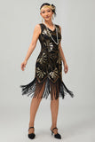 Sparkly Black Golden Short 1920s Dress with Fringes