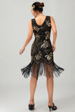 Sparkly Black Golden Short 1920s Dress with Fringes