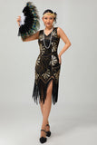 Sparkly Black Golden Short 1920s Dress with Fringes