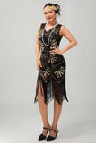Sparkly Black Golden Short 1920s Dress with Fringes
