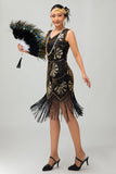 Sparkly Black Golden Short 1920s Dress with Fringes