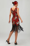 Red Golden Sequin 1920s V Neck Bodycon Flapper Dress with Tassles