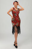 Red Golden Sequin 1920s V Neck Bodycon Flapper Dress with Tassles