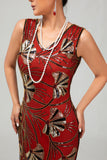 Red Golden Sequin 1920s V Neck Bodycon Flapper Dress with Tassles
